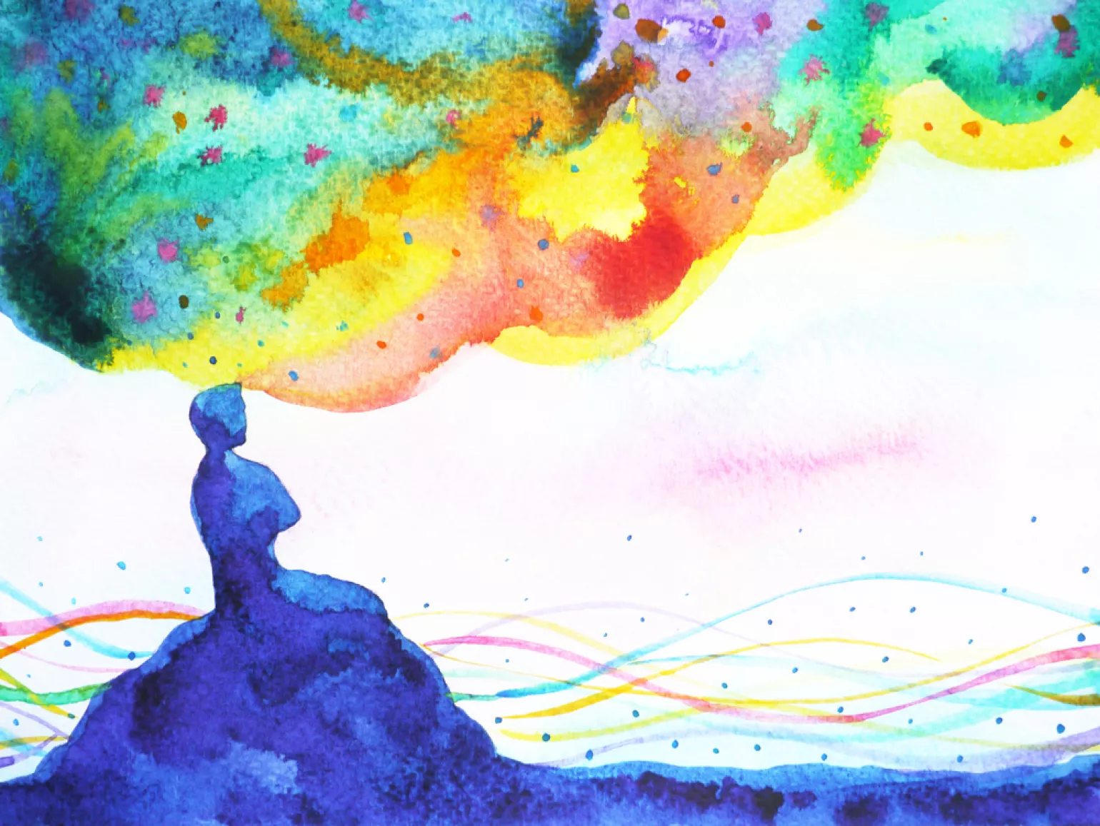 Abstract watercolor painting of a person thinking, rainbow colors